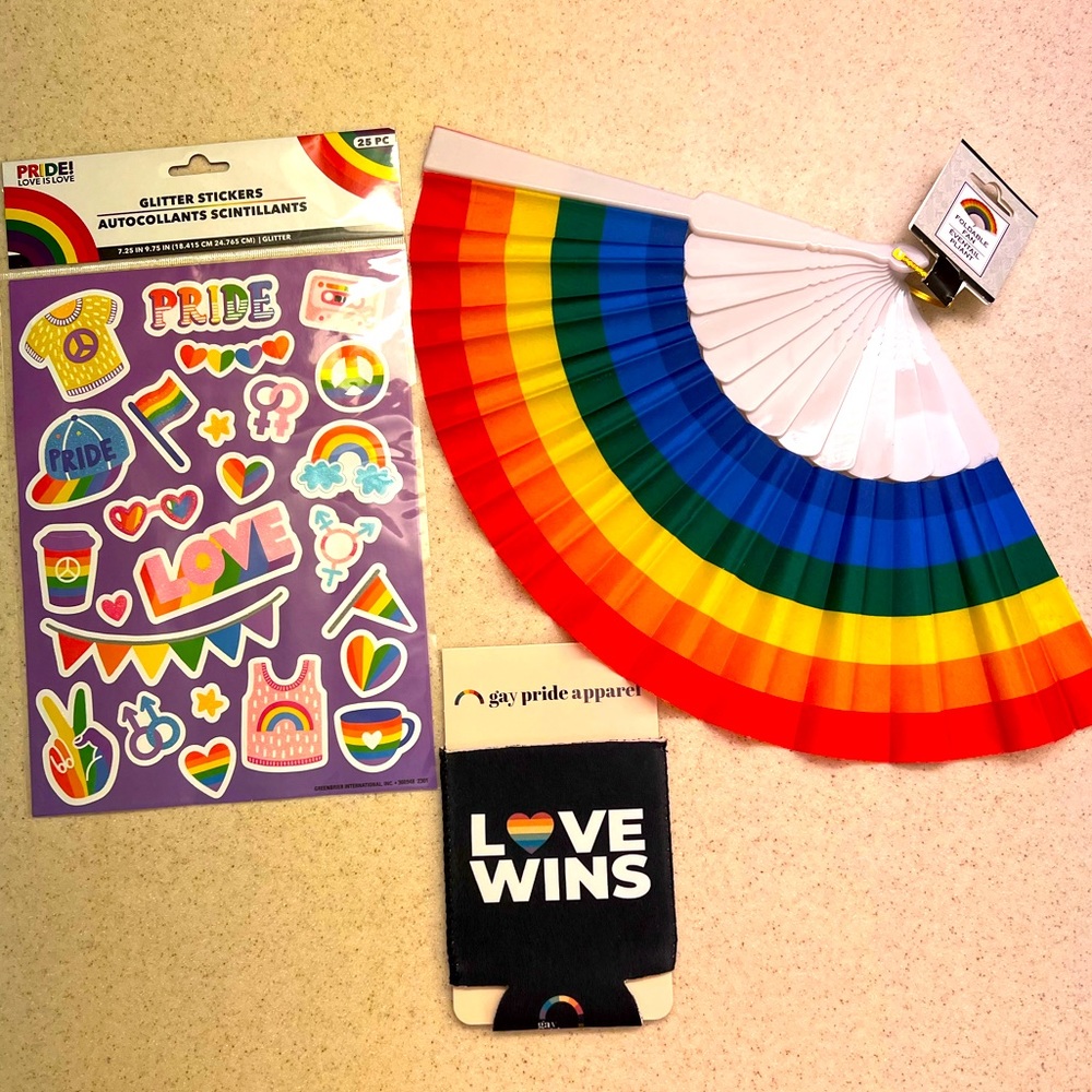 UNISEX Rainbow PRIDE * Foldable Fan * 25 Glitter Stickers * Can / Glass Koozie *
